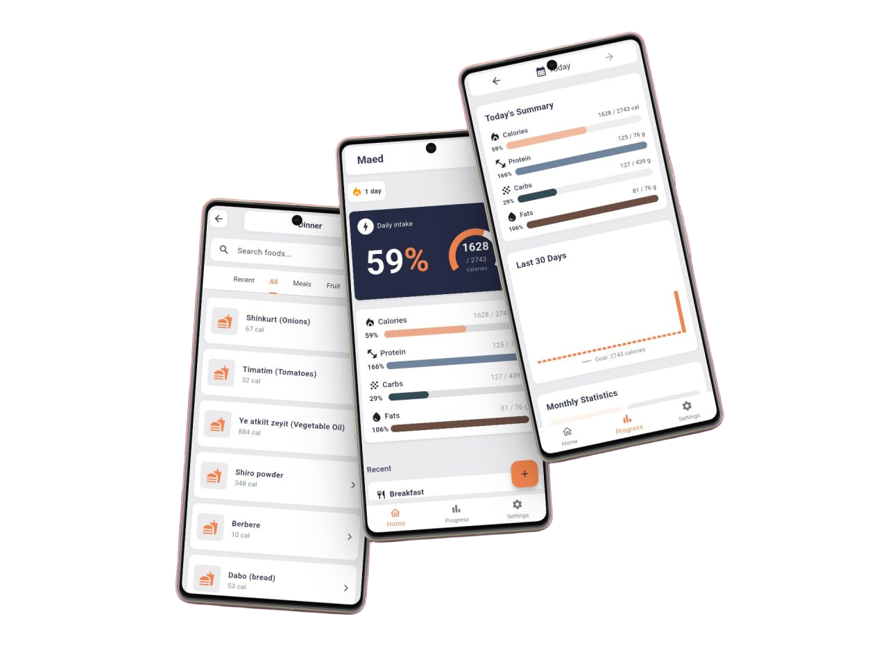 Three Maed app screens showing dashboard, meal tracking, and nutrition views